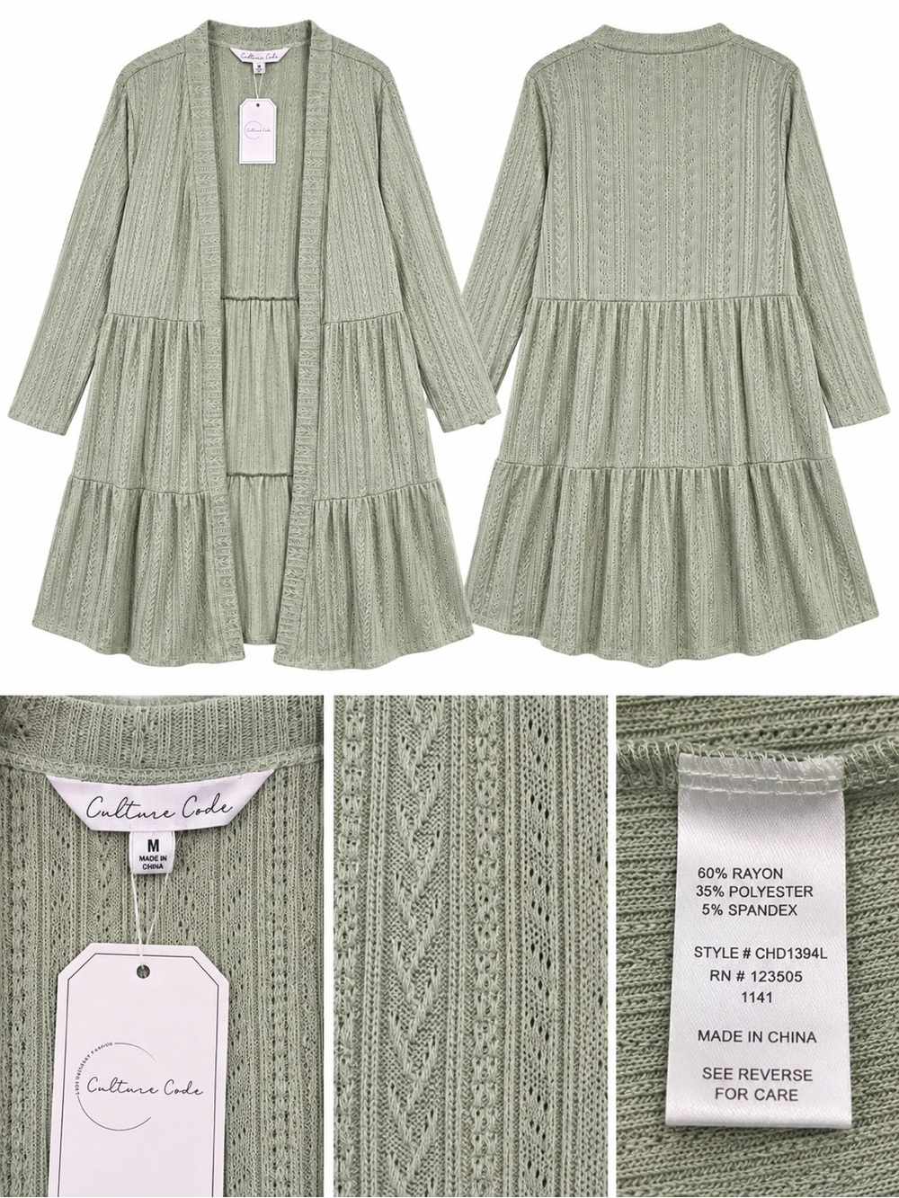 NWT Culture Code Sage Green Tiered Duster Cardigan Women’s M